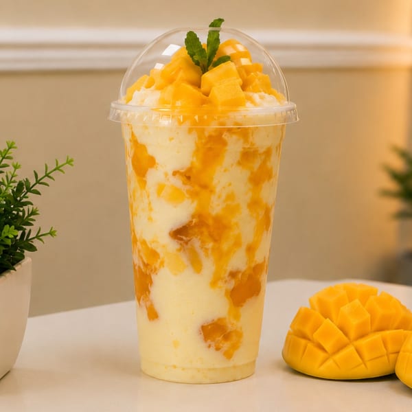 Creamy mango dessert topped with diced mango and mint in a clear takeaway cup, alongside sliced mango on a table.