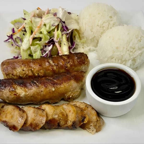 Grilled teriyaki chicken, white rice, coleslaw, and a side of dark sauce on a white plate.