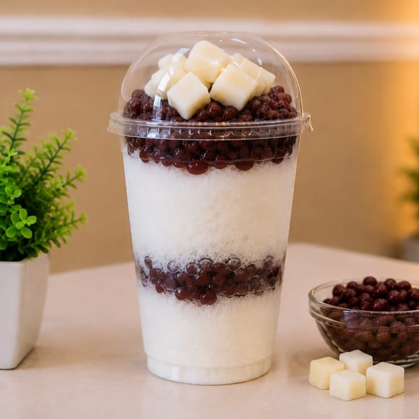 Layered white dessert drink with chocolate tapioca pearls and coconut cubes in a clear plastic cup.