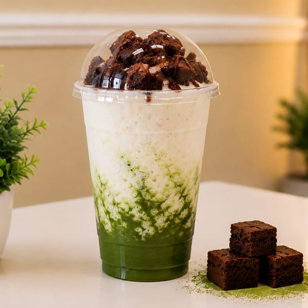 Layered green matcha smoothie topped with chocolate chunks beside stacked brownies on a white table.